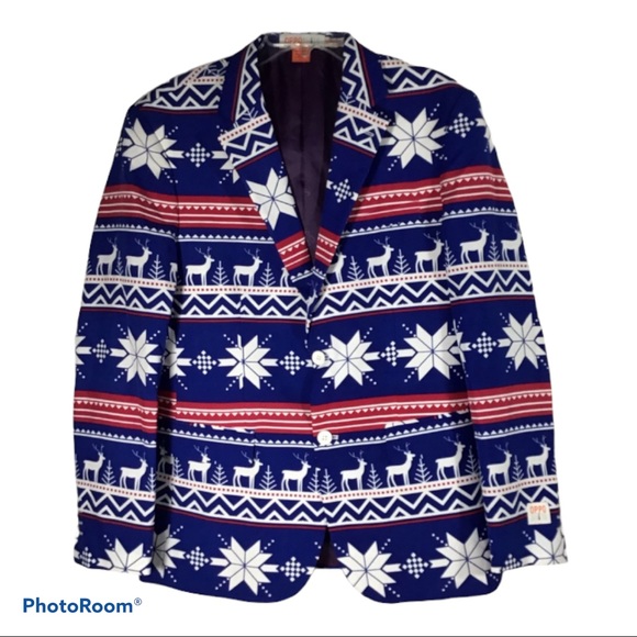 The Rudolph Deer Snowflake Blazer Jacket Red Blue White NWOT size 40 - Picture 1 of 7